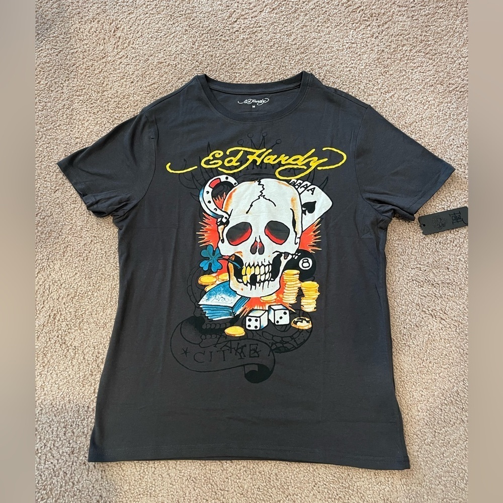 ED HARDY Ace Skull Men's Charcoal Gray T-shirt - Picture 11 of 11